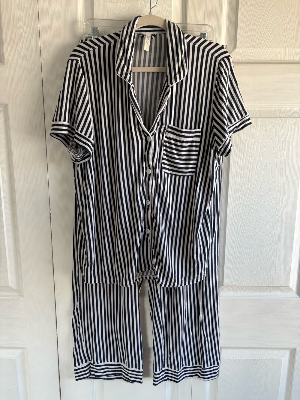 Anthropologie Lively All Day Stripe Lounge Set Black White Pajama Pants Top L